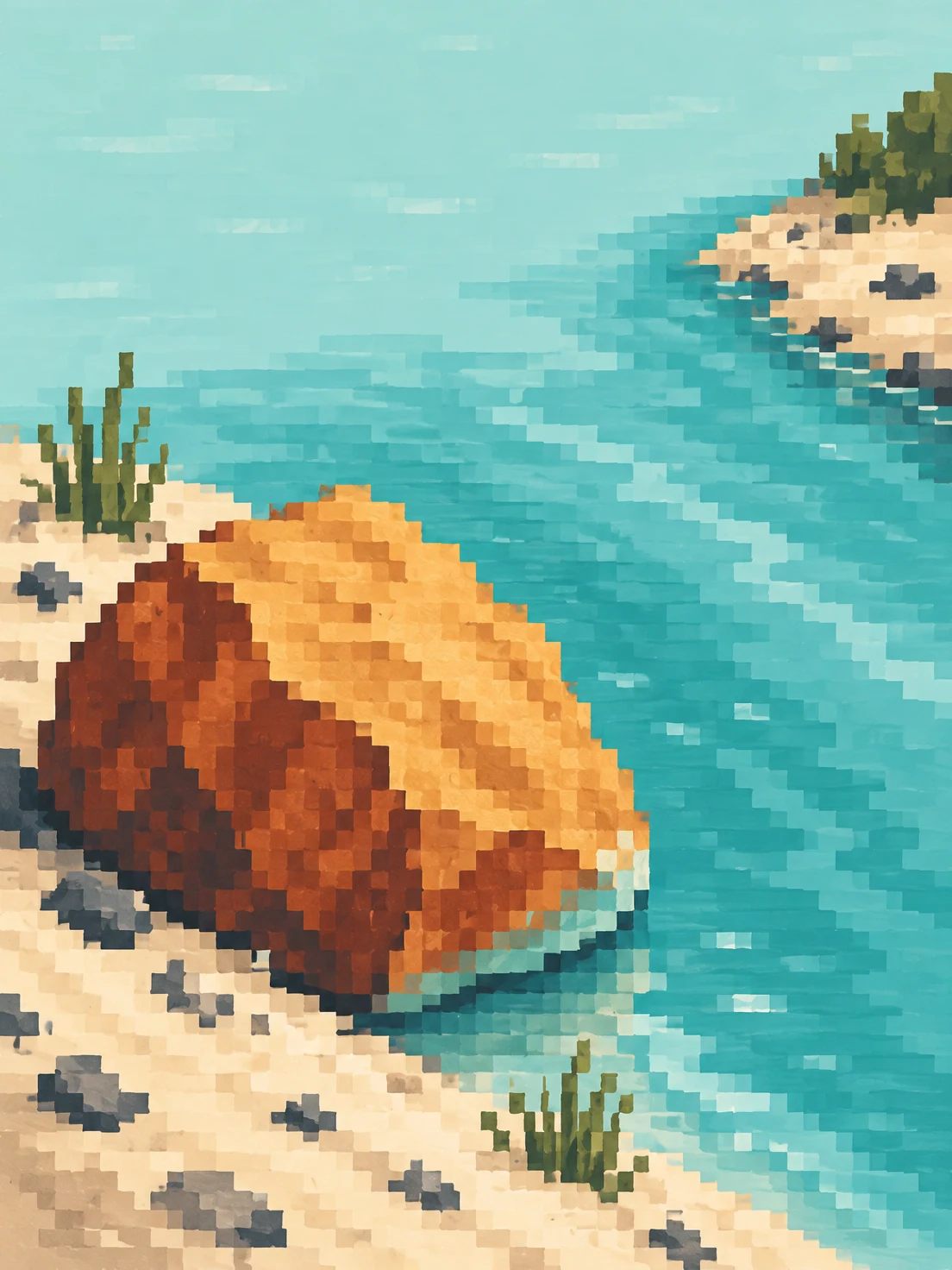 A large rust-and-ochre stepped boulder fills the lower-left sandy bank beside turquoise water, with olive reed clumps and dark vegetation along the shore.