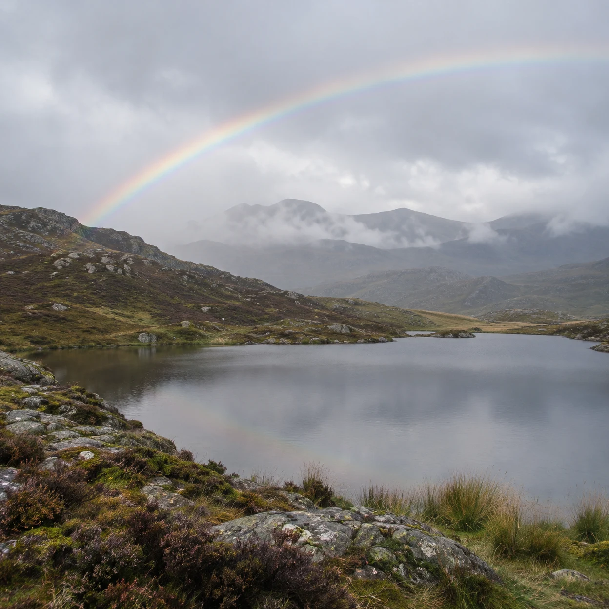 A soft rainbow arcs over a still upland tarn, with rocky heather-covered slopes in the foreground and mist-veiled ridges beneath a grey sky.