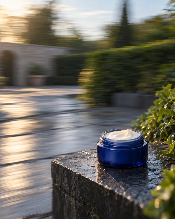 An open cobalt-blue cosmetic jar holding white cream sits on a wet dark stone ledge in a courtyard, with a green hedge and paving blurred into horizontal…
