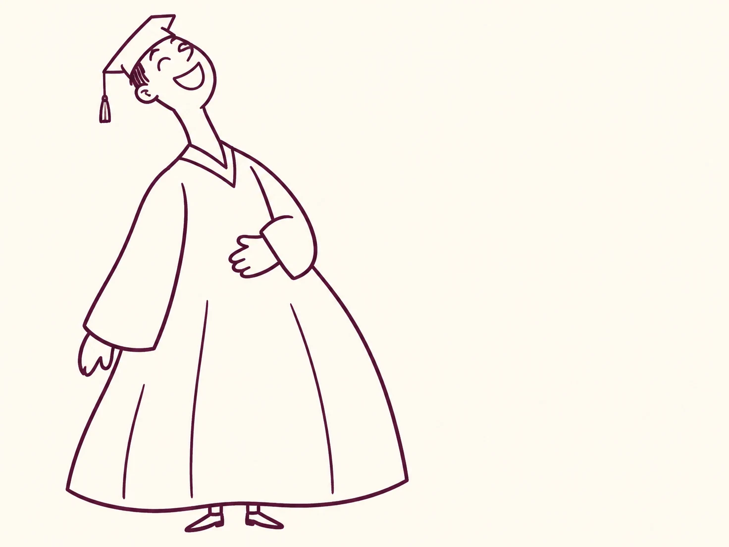 A full-length graduate in a broad bell-shaped gown laughs with their head tipped back, one hand against the belly and the other hanging at the side, drawn in…