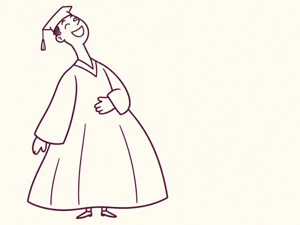 A full-length graduate in a broad bell-shaped gown laughs with their head tipped back, one hand against the belly and the other hanging at the side, drawn in…