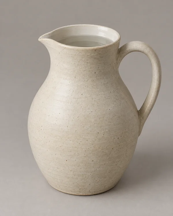 A pale, speckled stoneware water carafe with a rounded body, pinched pouring lip, and loop handle stands on a warm gray surface; clear water is visible inside.