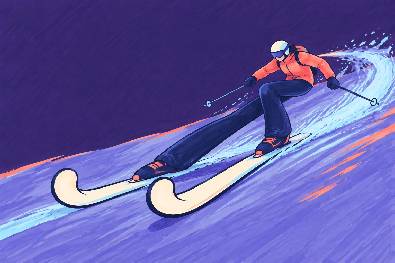 A helmeted skier in a coral jacket and long navy trousers carves across a violet slope on oversized ivory skis with curled tips, trailing two poles through…
