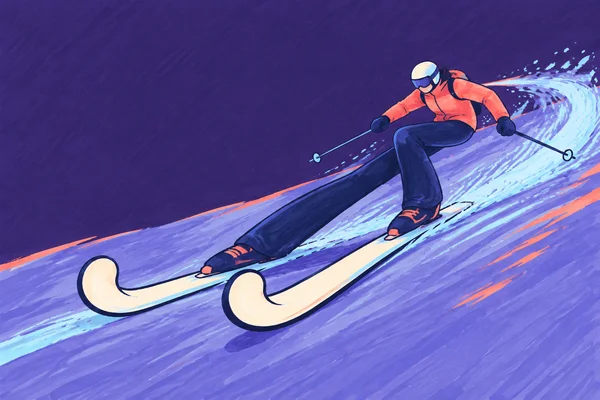 A helmeted skier in a coral jacket and long navy trousers carves across a violet slope on oversized ivory skis with curled tips, trailing two poles through…