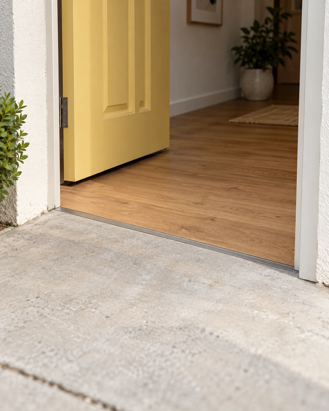 An open butter-yellow door frames a flush metal threshold between pale concrete paving and warm oak flooring, with a potted plant and rug visible in the…