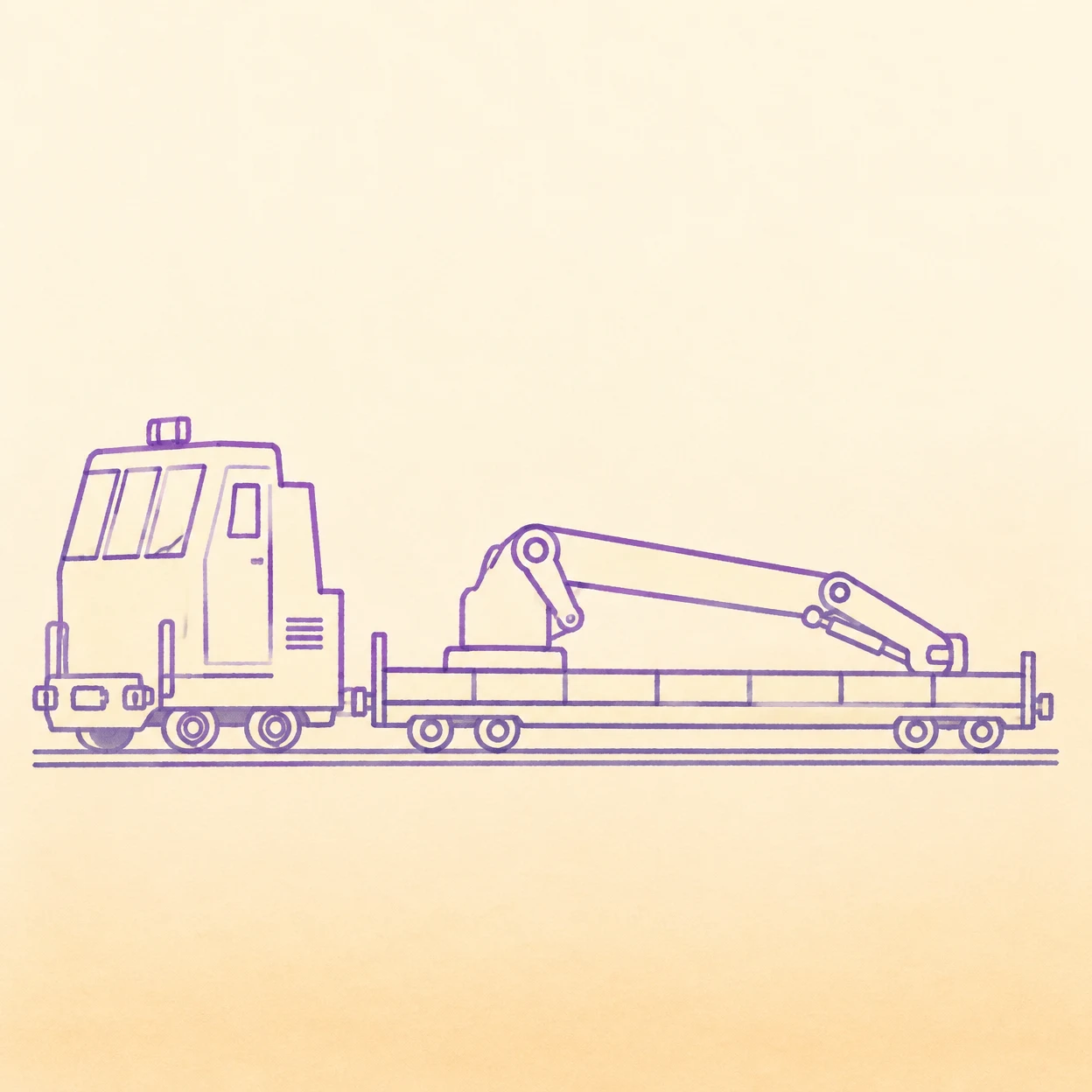 A lilac line drawing of a tall-cab rail maintenance train in side view, with a long flatbed carrying an articulated crane and two parallel rail strokes beneath…