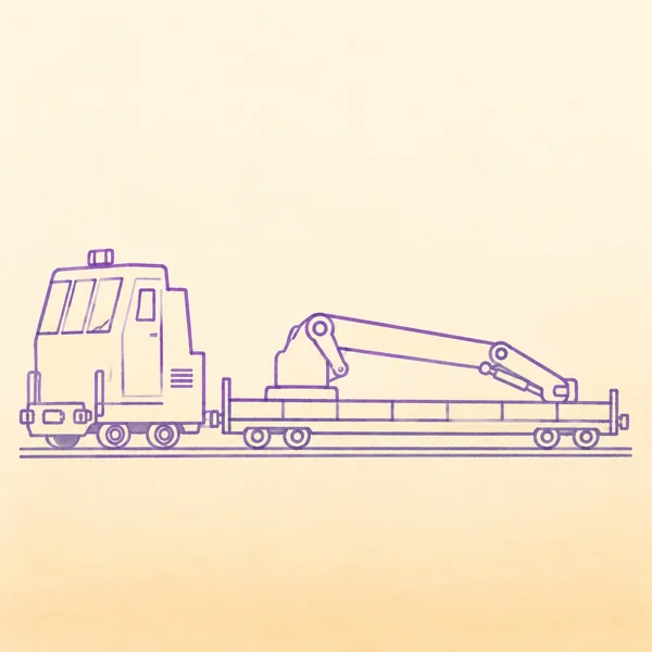 A lilac line drawing of a tall-cab rail maintenance train in side view, with a long flatbed carrying an articulated crane and two parallel rail strokes beneath…