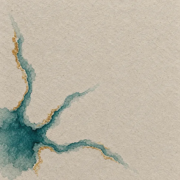 Teal branching pigment channels spread from a pooled lower-left area across warm grey, fibrous paper, with irregular ochre accents tracing parts of their edges…