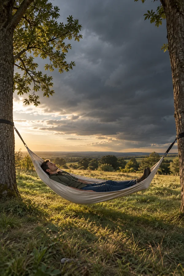 A short-haired adult in dark casual clothing reclines in a pale canvas hammock between two trees, with a booted foot visible.