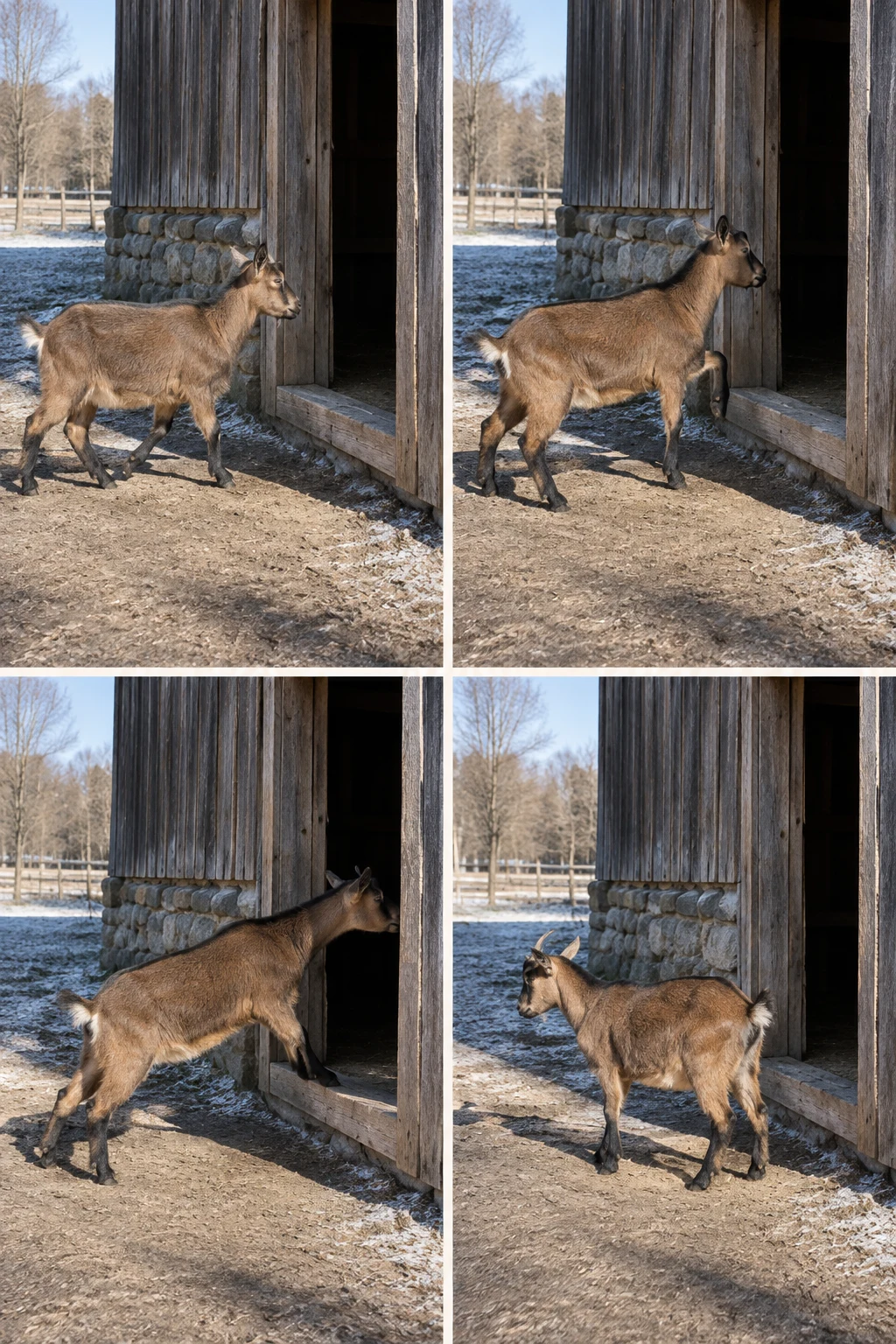 A four-frame portrait contact sheet shows a brown goat approaching a weathered barn doorway, lifting a forehoof, stretching toward the dark interior, then…