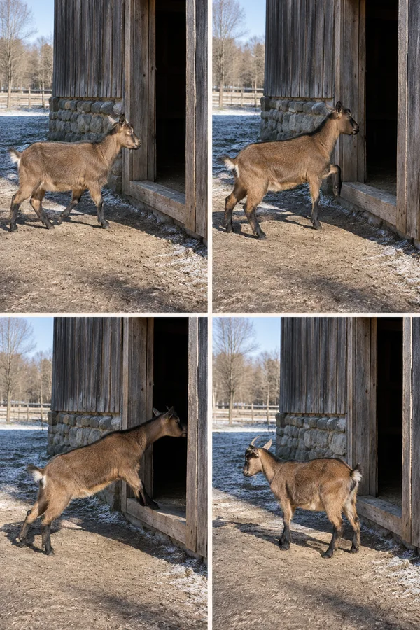 A four-frame portrait contact sheet shows a brown goat approaching a weathered barn doorway, lifting a forehoof, stretching toward the dark interior, then…