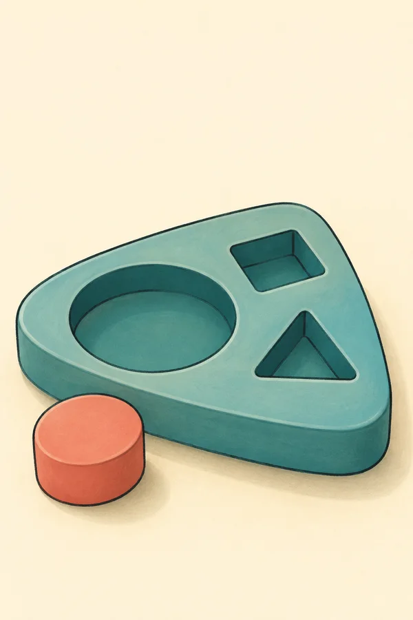 A teal rounded triangular shape sorter with large circular, square, and triangular recessed openings sits diagonally on a warm cream background.