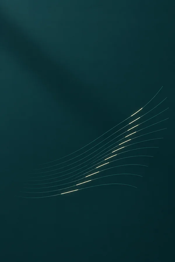 A minimalist abstract design on a dark teal field, with a fan of fine blue-green curves and staggered ivory highlights forming a stepped diagonal band slightly…