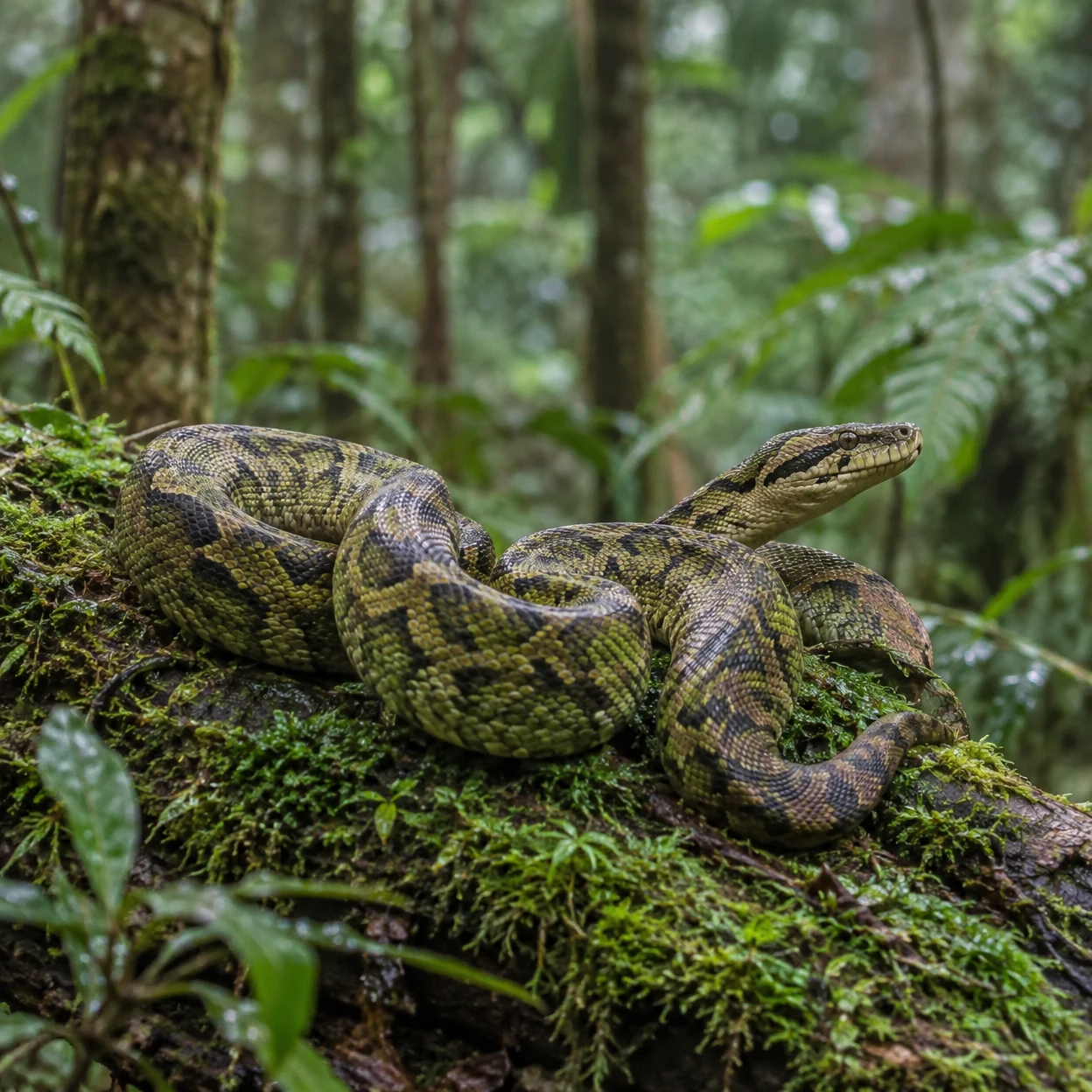 A green-brown patterned snake lies coiled on a moss-covered fallen log in a lush rainforest, its head raised and turned to the right among softly blurred ferns…