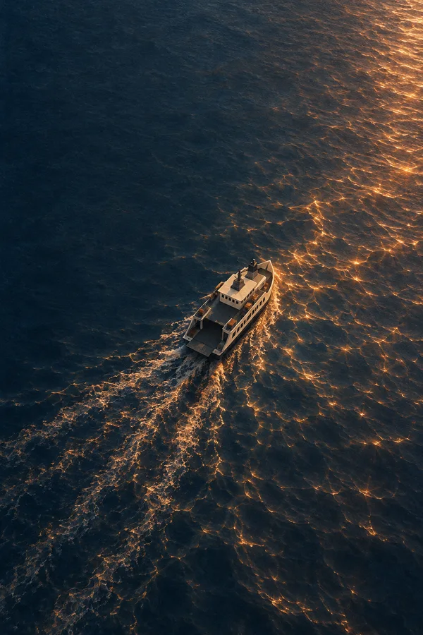 A small cream-and-charcoal ferry viewed from above crosses dark indigo water, leaving a tapered wake amid rippling amber reflections.