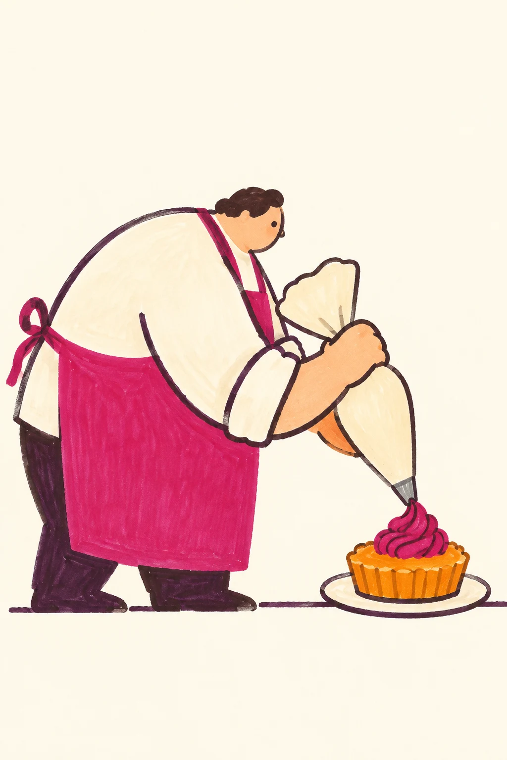 A broad cook in a fuchsia apron leans over an orange tart on an ivory saucer, piping a thick curl of fuchsia cream onto it with a large ivory piping bag.