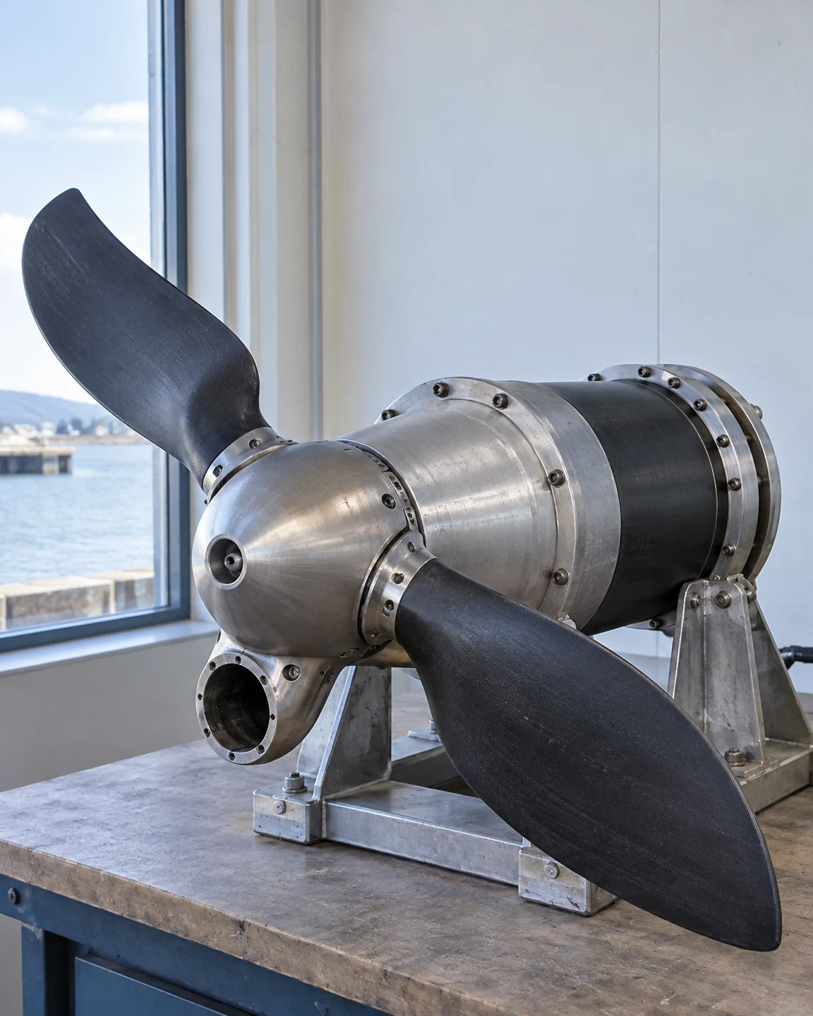 A two-bladed metal turbine assembly sits horizontally on a support cradle on a workbench beside a large window overlooking the water; an open circular socket…