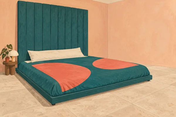 A low, wide teal bed with one cream pillow and two coral shapes sits against a tall teal paneled headboard in a peach bedroom; a small table, plant, and lamp…