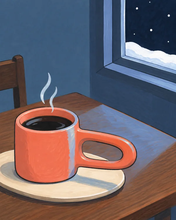 An oversized coral mug of black coffee with two rising steam strokes sits on a cream oval platter atop a wooden table beside a snowy window at night.