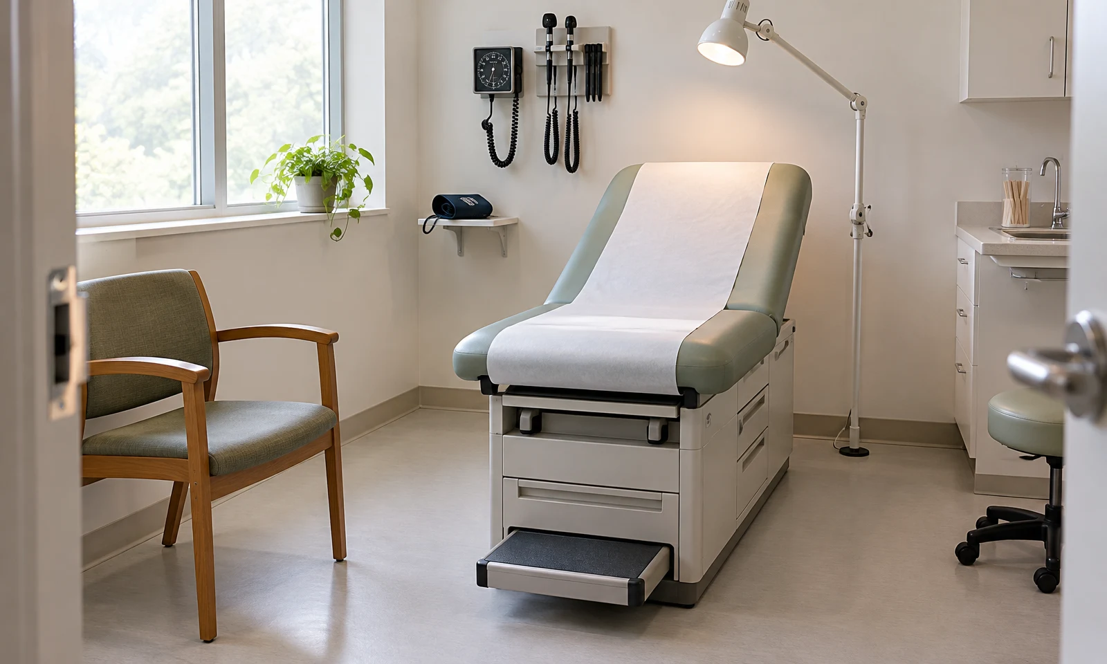A pale-sage examination couch with a white paper cover sits in a bright clinic room, with a wooden visitor chair beside it and an illuminated examination lamp…