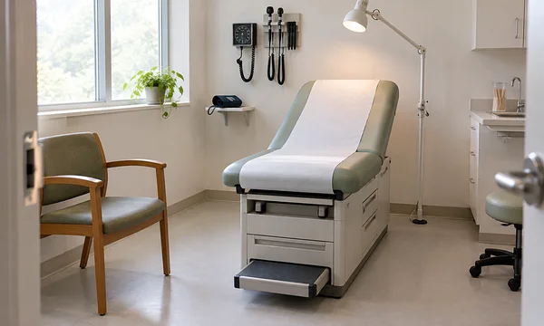 A pale-sage examination couch with a white paper cover sits in a bright clinic room, with a wooden visitor chair beside it and an illuminated examination lamp…
