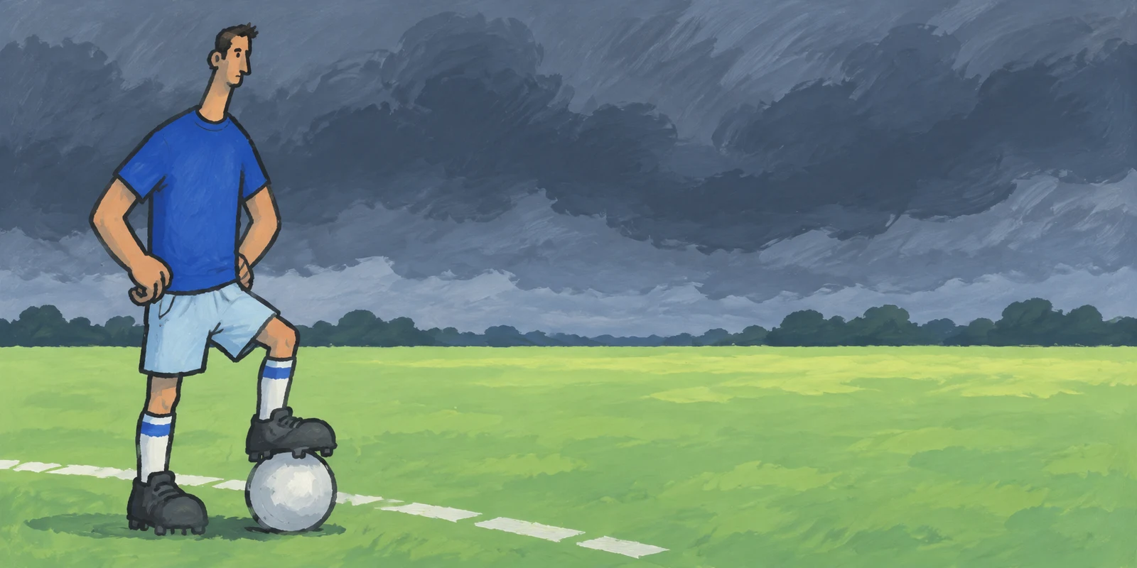 A stylized footballer in a cobalt shirt and pale blue shorts stands at the left of a green pitch, resting one dark boot on a plain football beneath a broad…