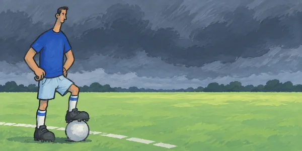 A stylized footballer in a cobalt shirt and pale blue shorts stands at the left of a green pitch, resting one dark boot on a plain football beneath a broad…