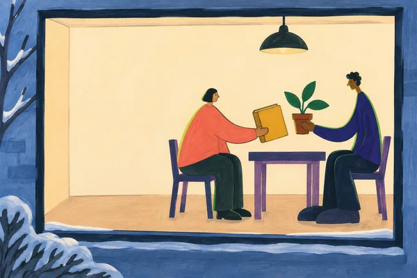 A hand-drawn illustration viewed through a broad blue window shows two seated people exchanging a blank ochre book and a terracotta plant pot across a violet…
