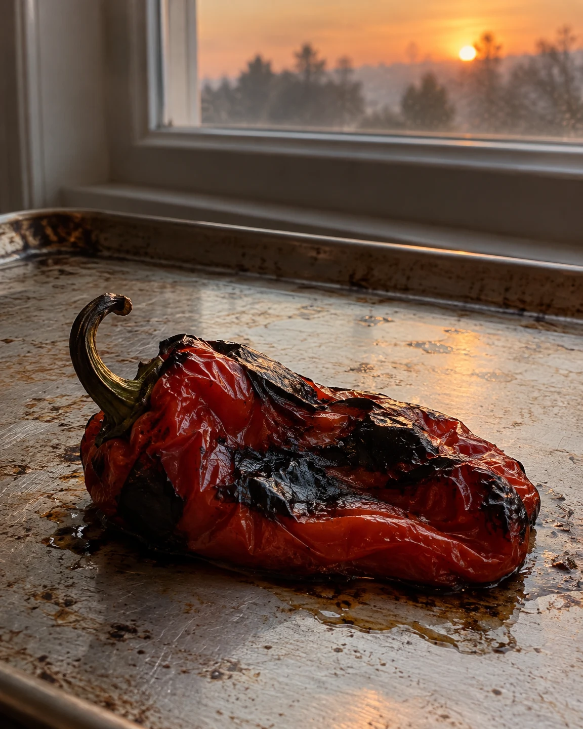A heavily blistered red pepper with a curved green-brown stem lies on a stained aluminium tray in front of a kitchen window, with a hazy sunset outside.