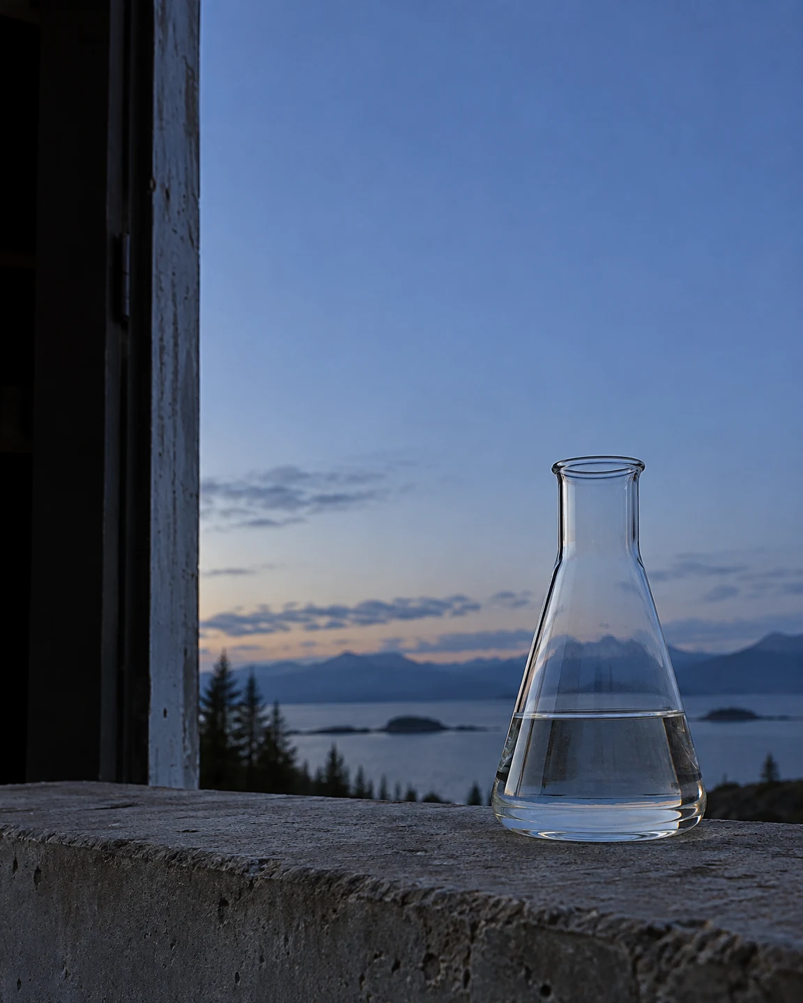 A clear Erlenmeyer flask partly filled with water stands on a rough concrete ledge at blue hour, with a dark doorway at left and a mountain-and-water landscape…