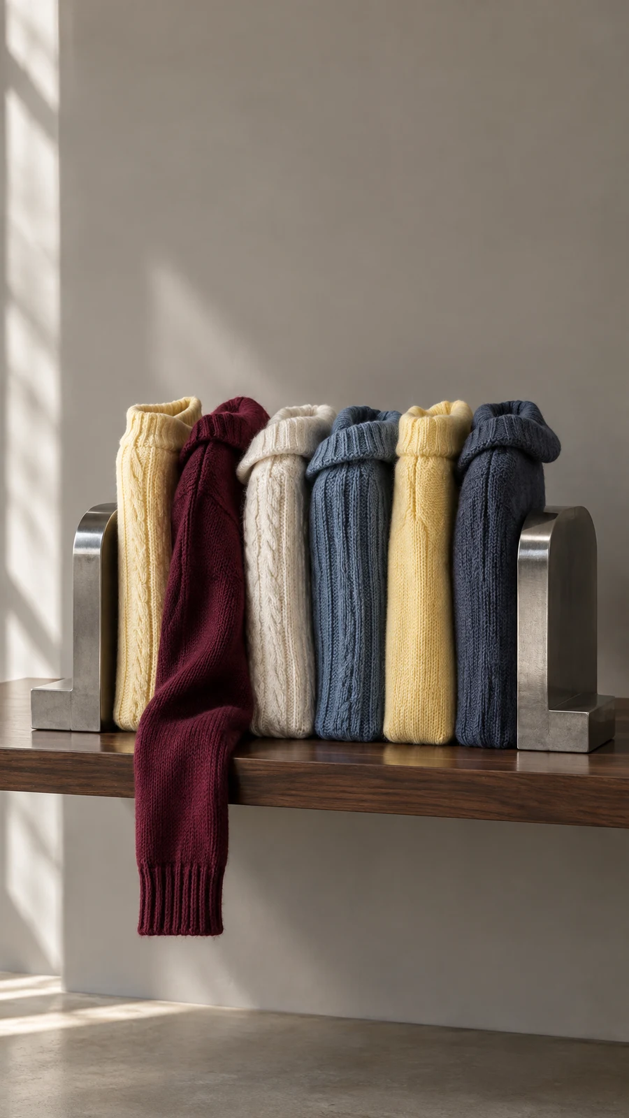 Six upright cable-knit sweaters in butter yellow, burgundy, ivory and blue sit between large brushed-steel bookends on a dark walnut shelf.