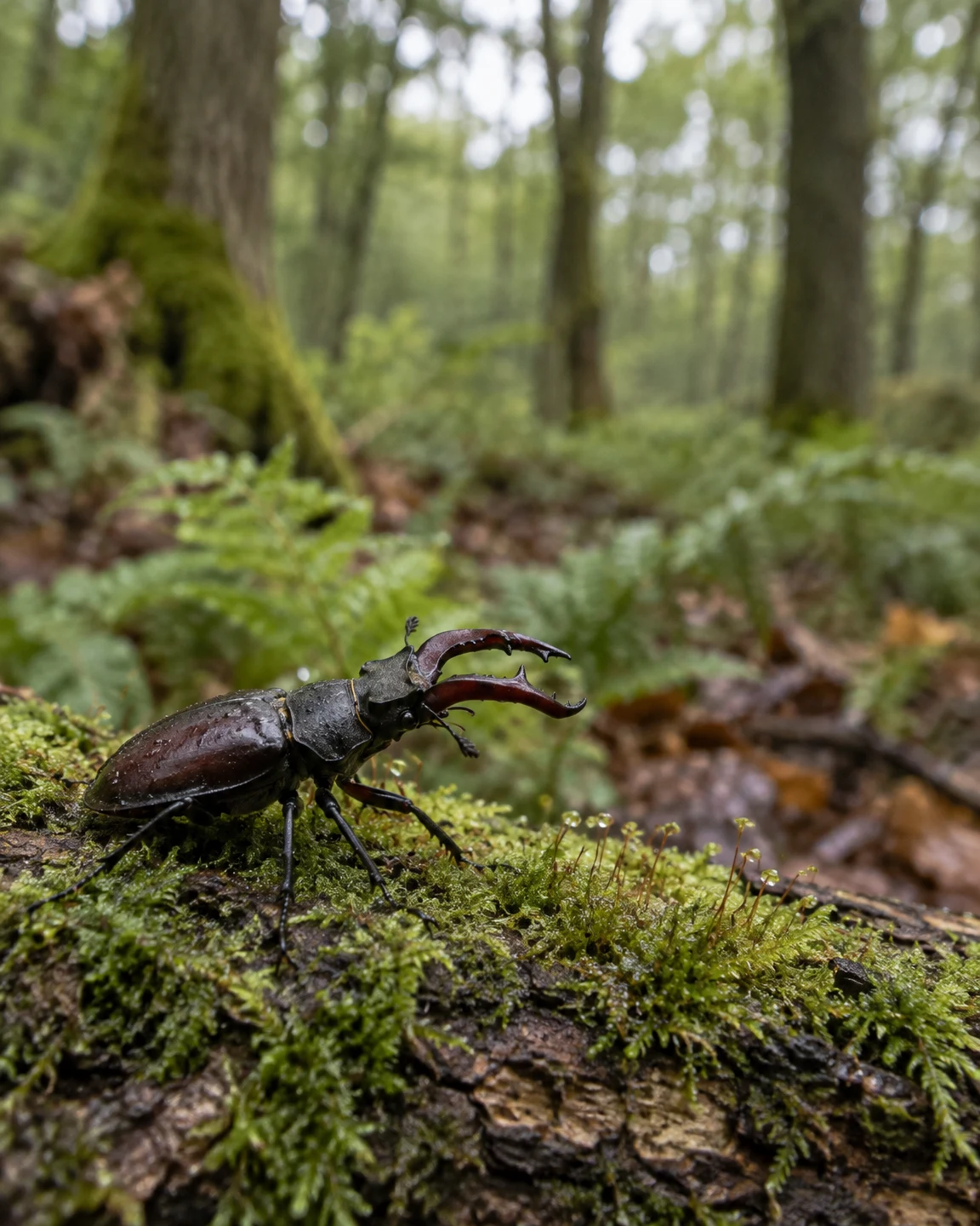 A glossy dark chestnut stag beetle with large curved mandibles walks across a moss-covered fallen log, with softly blurred woodland trees and ferns behind it.