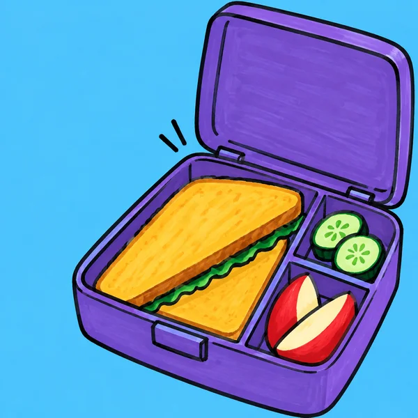 A hand-drawn illustration of an open violet lunchbox on a bright blue background, with a large triangular sandwich, two cucumber rounds and two red apple…