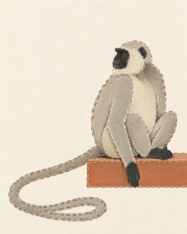 A pale-grey langur with a black face sits on a terracotta ledge, looking left.