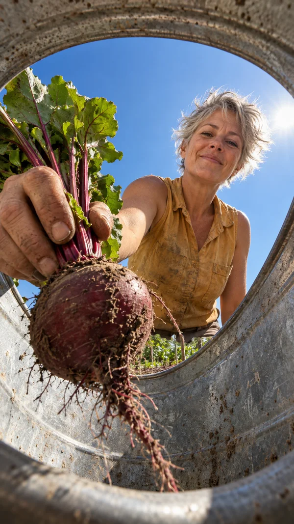 A silver-haired woman in a faded ochre sleeveless shirt leans over a battered galvanized pail, smiling as she holds a soil-covered burgundy beet with leafy…