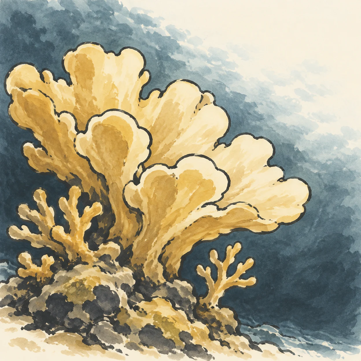 A large asymmetrical crown of pale gold and ivory rounded coral lobes rises from a rocky reef base, with small branching corals at either side against a…