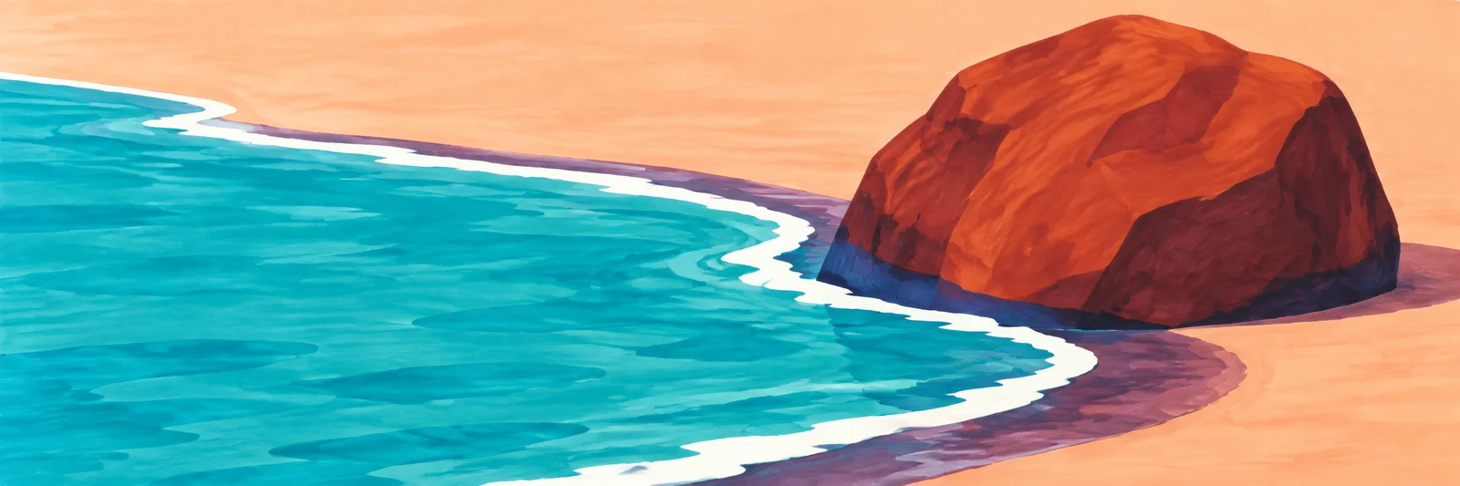A large rust-red boulder sits on peach-colored coastal sand as turquoise water curls around its base, edged by a pale foam line and a plum-colored band of wet…