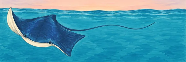 A deep-blue ray glides beneath turquoise water, its cream underside visible on an upturned fin and its long curved tail extending to the right.