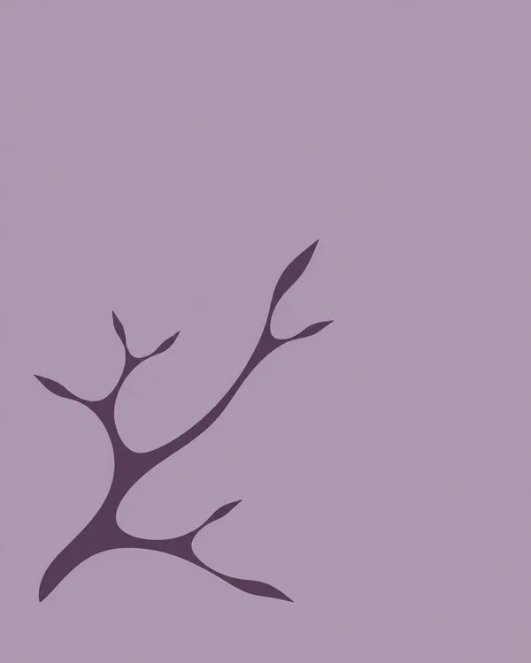 A dark aubergine branching silhouette sweeps diagonally across a dusty lilac portrait canvas, with broad tapered limbs and ample empty space above and to the…