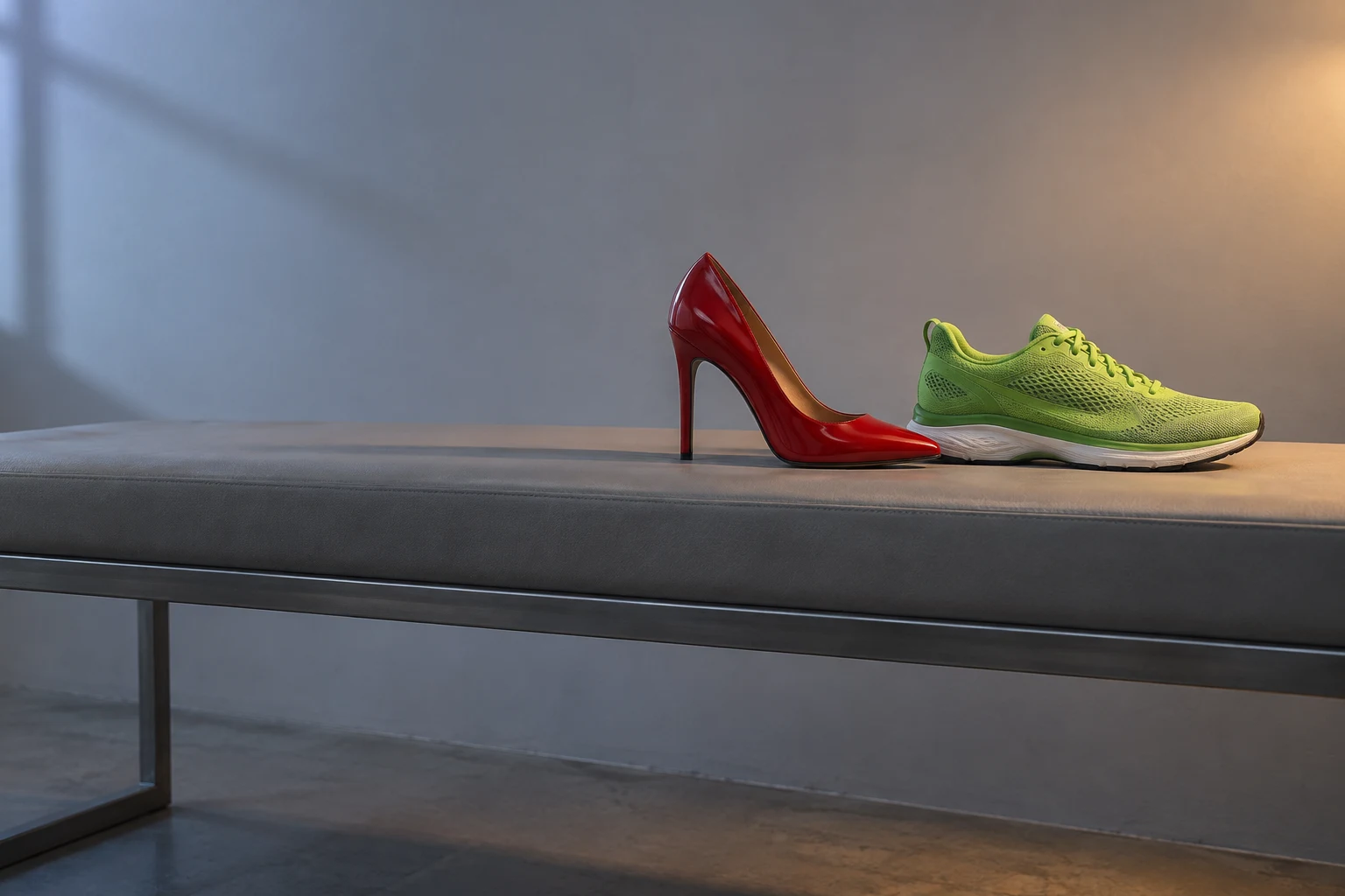 A glossy red high-heeled pump and a lime-green mesh running shoe sit on a long grey bench against a plain grey studio wall, with cool light from the left and a…