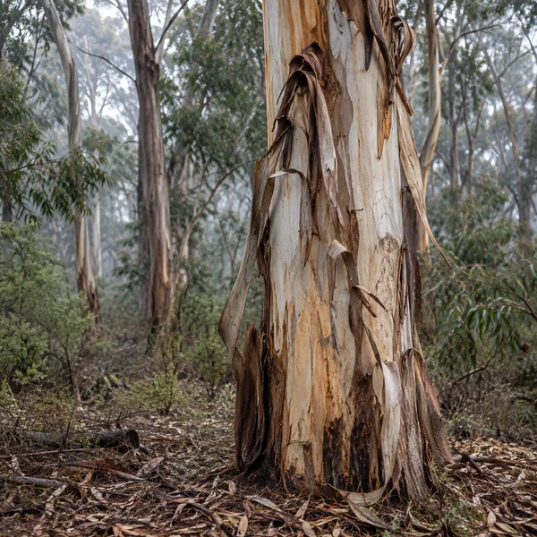 A close view of a mature eucalyptus trunk with pale cream and ochre bark peeling in long curling strips, surrounded by leaf litter and soft-focus trees in a…