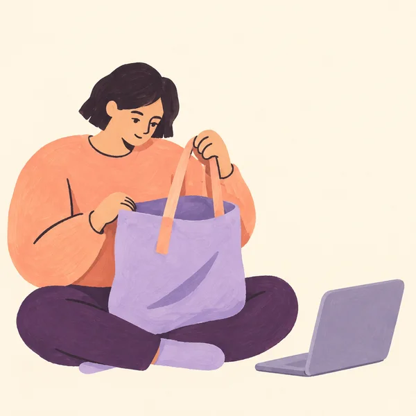 A short-haired person in a peach top and plum trousers sits cross-legged on a warm ivory background, inspecting a large lavender tote with peach handles.