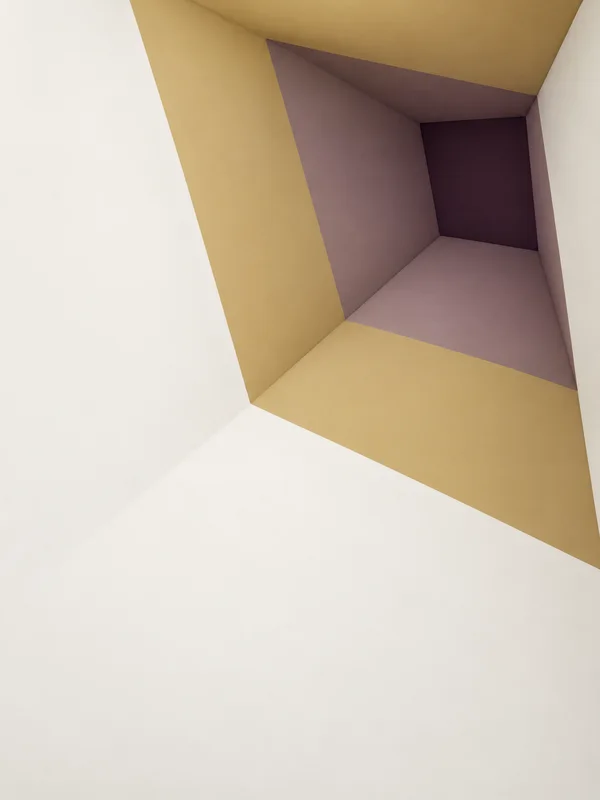A geometric optical tunnel recedes through broad ochre, dusty mauve and aubergine planes, with a small dark opening near the upper right and a large…