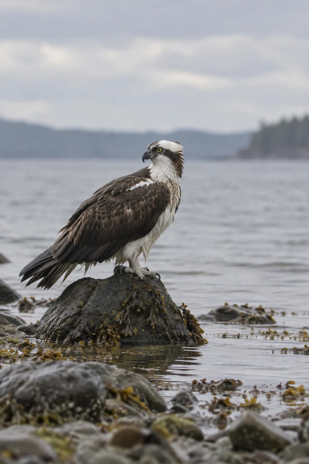 A single osprey stands on a dark, seaweed-covered boulder in shallow water, its head turned toward the left.