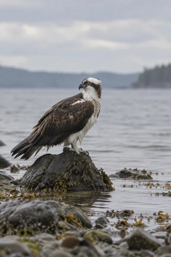 A single osprey stands on a dark, seaweed-covered boulder in shallow water, its head turned toward the left.