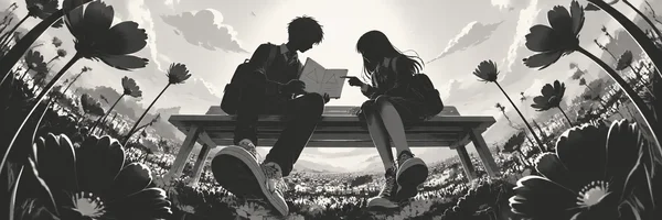 Two student silhouettes sit on a bench above a flower field, viewed from near ground level.