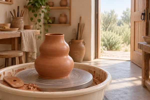 A handmade terracotta vessel with a narrow open neck sits on a pottery wheel in a warm, sunlit studio.