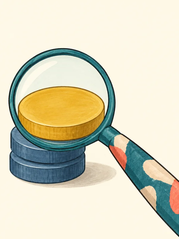 A large teal magnifying glass with irregular cream and coral patches on its handle hovers over a stack of three thick coins—two slate-blue coins beneath a…