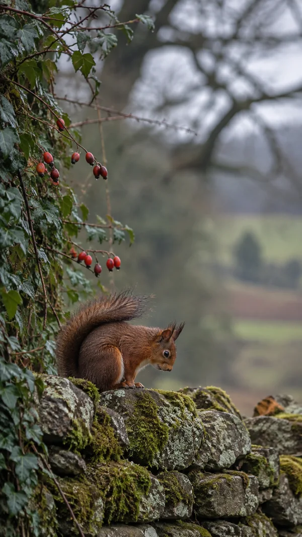 A red squirrel crouches on a moss-covered dry-stone wall, its head lowered and bushy tail arched over its back.