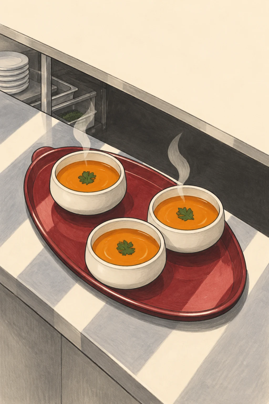 An oversized red oval serving tray with three cream bowls of orange soup and green garnishes rests on a diagonally angled stainless-steel kitchen pass.